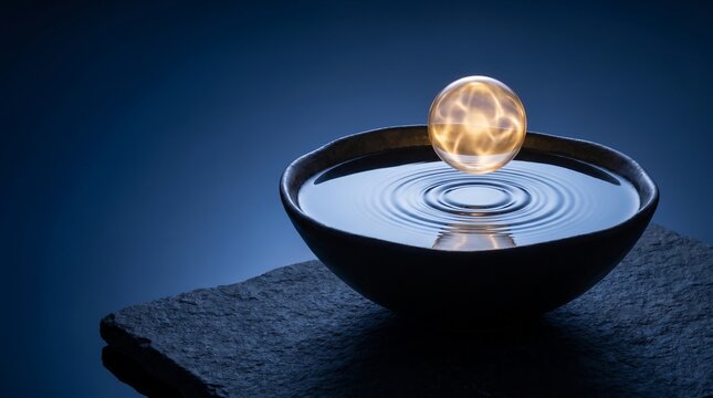 Glowing golden orb levitating above a dark bowl filled with clear water creating concentric ripples in a serene and peaceful atmosphere for meditation and wellness
