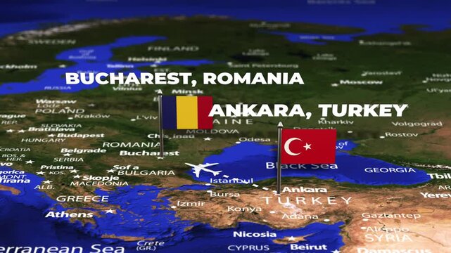Flight From Ankara TURKEY to Bucharest ROMANIA with flag pins