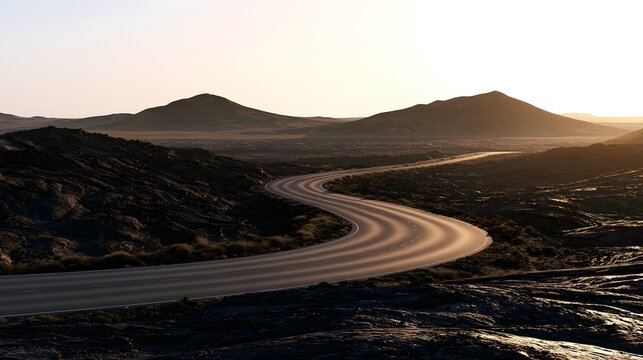Winding asphalt road through dark volcanic lava fields under warm golden hour light adventure travel