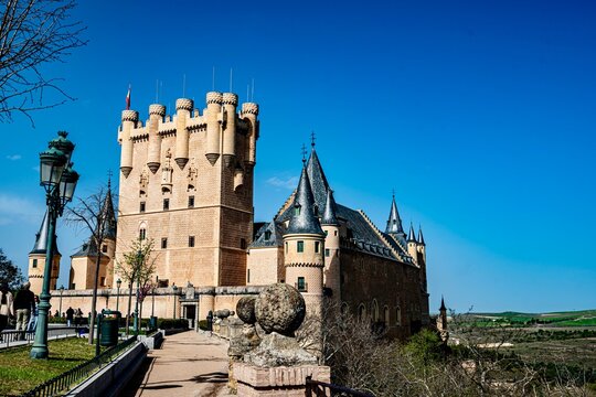 The area within the city walls around the castles and churches of the fortified city of Segovia in Spain on a spring weekday