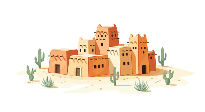 A collection of traditional earthen mud brick buildings sits in a dry sandy desert landscape populated by tall saguaro and small prickly pear cactus plants at sunset.