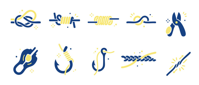 Rope Knots and Fishing Hooks Icon Set, Flat Vector Collection for Marine Navigation and Outdoor Activities, Nautical Knot Tying Guide and Equipment Symbols in Modern Blue and Yellow Minimalist Style