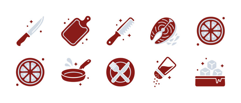 Cooking Icons Set Kitchen Utensils and Food Ingredients Vector Collection for Culinary Design, Minimalist Flat Style Graphic Elements for Restaurant Menu, Recipe Blog, Chef Tools, and Food Preparation