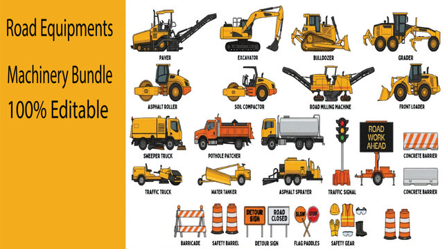 Road equipments machinery bundle, heavy construction vehicles and industrial tools set, yellow civil engineering machinery vector collection