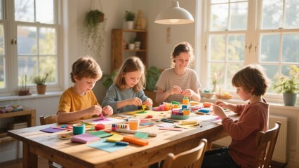 Fototapeta premium Children engaged in creative arts and crafts at a wooden table in a bright, sunlit room with natural light and indoor plants.