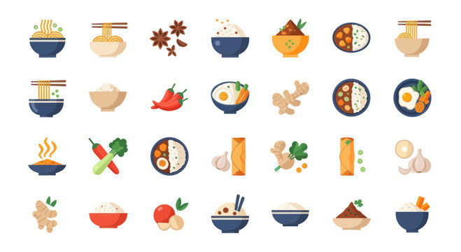 Asian Food Icons Set: Noodles, Rice, Spices, Vegetables, and More