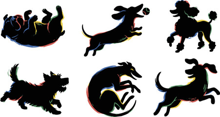 Fototapeta premium Six playful dog silhouettes with colorful brushstroke accents