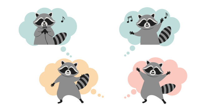Set of cute raccoon characters expressing different moods and actions inside colorful thought bubbles on a white background.