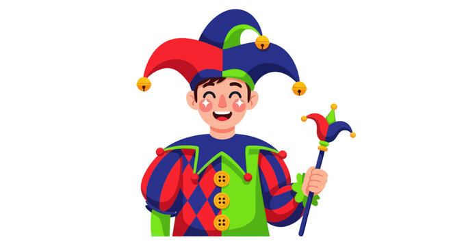 Jester Character with Bells and Scepter, Festive Costume, Isolated on White Background
