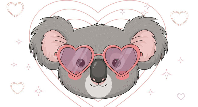 Cute koala head wearing pink heart shaped sunglasses and surrounded by decorative stars and heart outlines for kids.