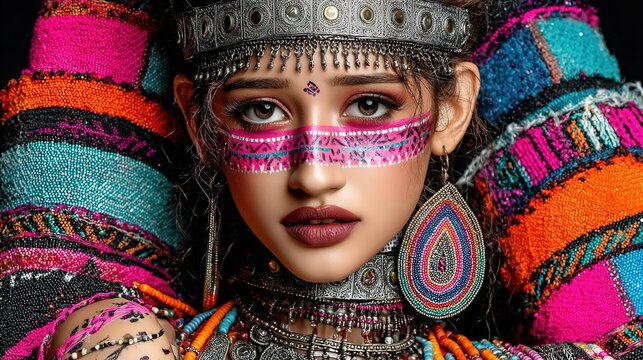 Close-up portrait of African American woman with dreadlocks, neon pink purple blue geometric face paint, metallic headband with circular elements, 
