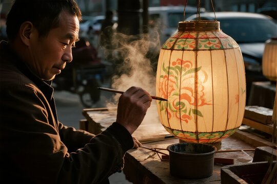 A craftsman paints a traditional lantern with floral designs, illuminated from within, in an outdoor workshop setting.