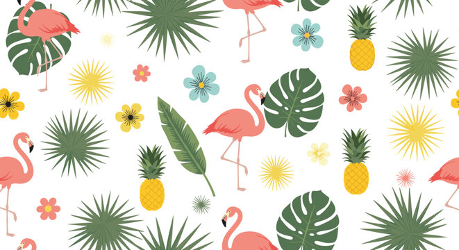 Pink flamingos and yellow pineapples create a vibrant tropical seamless pattern with green palm leaves on white.