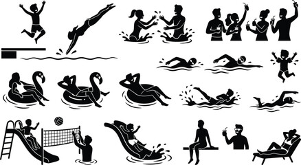 Obraz premium Black and white swimming and pool activities icons isolated on white background, Vector