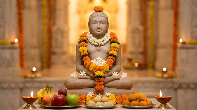 Serene Stone Statue of Lord Mahavir Sitting in Deep Meditation for Mahavir Jayanti Celebration Representing Peace Spiritual Enlightenment and Sacred Jain Religious Tradition
