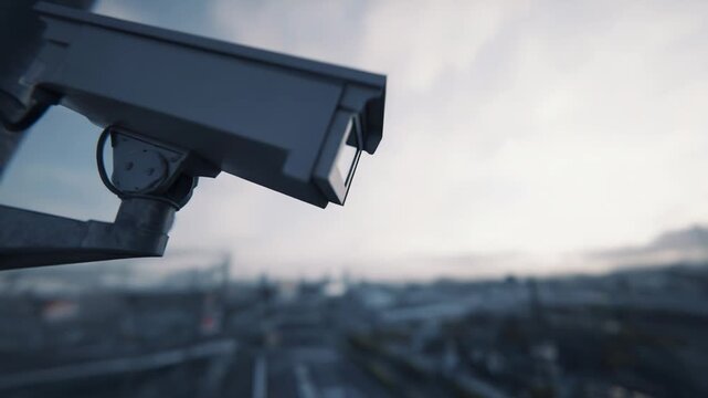 Surveillance camera monitoring a city skyline, providing security and protection while capturing data for public safety and traffic management in an urban environment