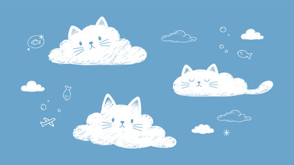 Editable vector set cute cat clouds in blue sky with kawaii kitten cloud collection, pack, bundle, and sheet for kids, nursery, sticker, baby room, and pet design © artocknock