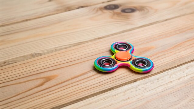 Colorful rainbow fidget spinner toy resting on a rustic wooden surface with natural grain texture detail