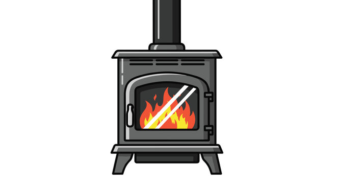 A vintage style cast iron fireplace stove with a dark metal chimney pipe shows intense glowing flames inside the firebox against a stark white studio background.