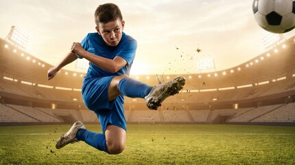 Naklejka premium Young soccer player in a blue uniform kicks the ball with great intensity while running across the field during a competitive match held under bright stadium lights during the evening.