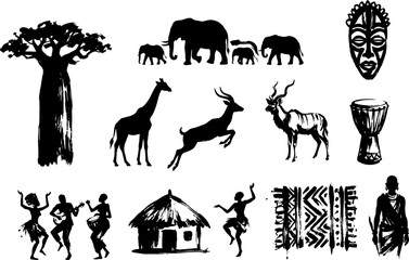 Fototapeta premium African art and animals collection with baobab tree and tribal mask