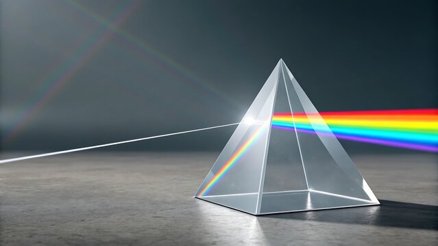 High quality 3D render of a clear glass triangular prism splitting a beam of white light into a rainbow