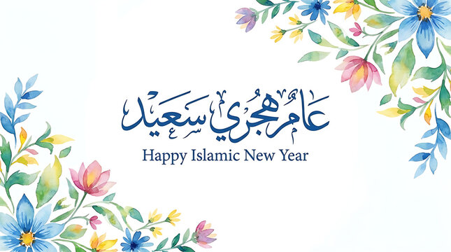 Festive Islamic Hijri New Year celebration card design with ornate colorful floral patterns and decorative blue Arabic calligraphy typography on a minimalist white backdrop background.