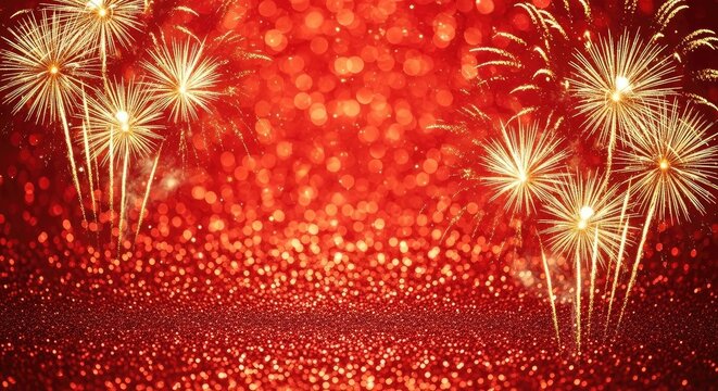 Golden fireworks exploding over festive red glitter background