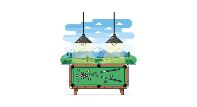 A billiard table with green felt and scattered balls sits beneath two hanging pendant lights in front of a scenic mountain range illustration in a flat vector style.