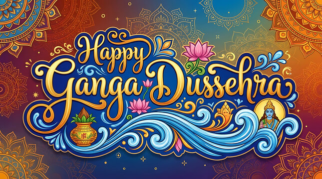 Elegant Ganga Dussehra Calligraphy Vector Illustration for Indian Hindu Religious Festival Celebration with Artistic Devotional Typography and Traditional Spiritual Graphic Ornamentation.