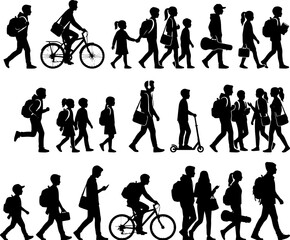 Fototapeta premium Diverse group of students walking and biking with backpacks and bags