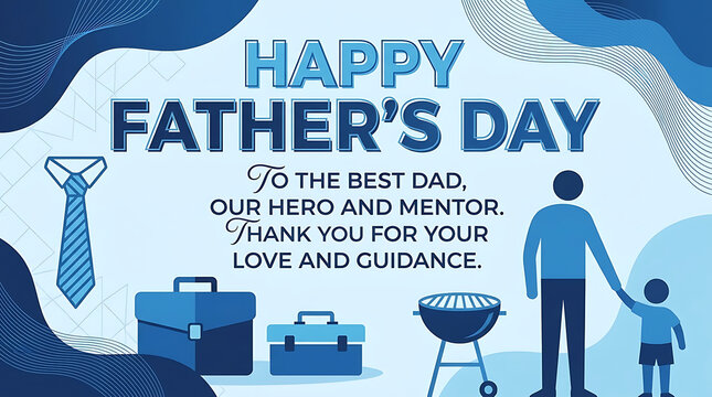 Elegant Father's Day greeting card in sapphire blue tones with modern typography and creative text design for holiday social media banners, website promotion, and stylish advertisement display.