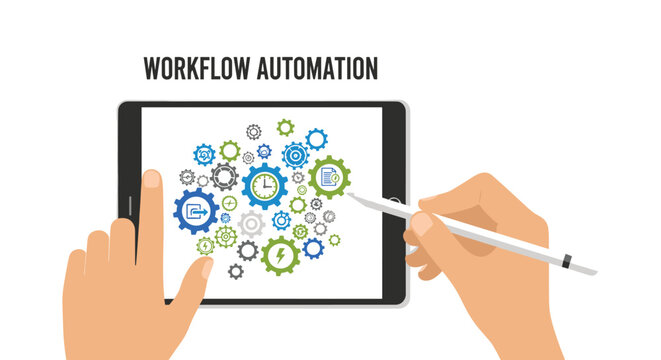A digital tablet displays a colorful graphical interface showing workflow automation with various icons while a person interacts with the screen using a stylus.