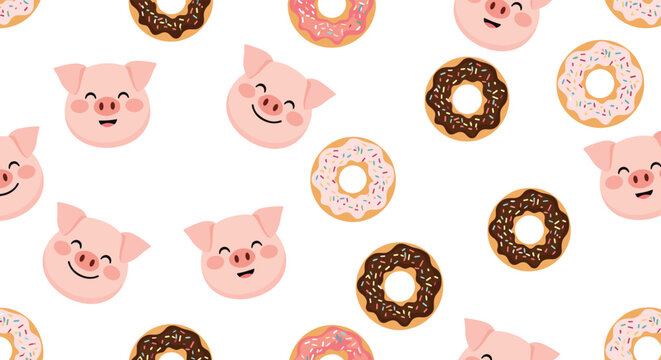 Adorable seamless pattern featuring cute pink pig faces and various glazed donuts with colorful sprinkles.