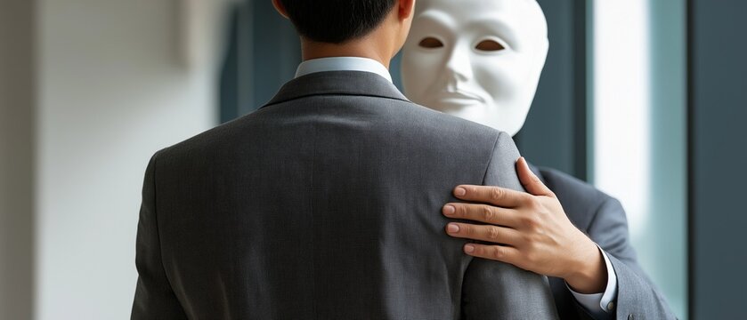 A man in a suit is seen shaking hands with a male coworker in the workplace while concealing a white mask behind his back