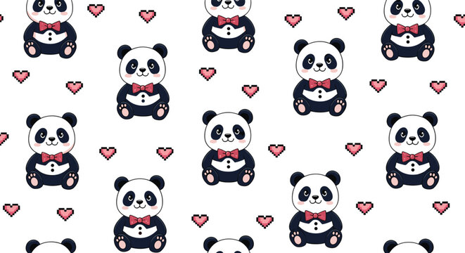 Adorable seamless pattern with sitting panda characters wearing red bow ties surrounded by small pink hearts.