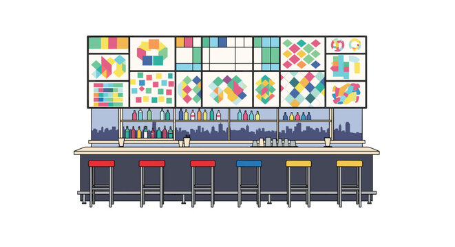 A colorful illustrated bar counter with stools sits below a wall featuring an array of geometric pattern panels and a distant city skyline silhouette in a clean setting.