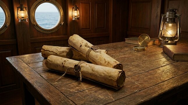 Old vintage paper scrolls on a wooden table inside a dimly lit ship cabin room.