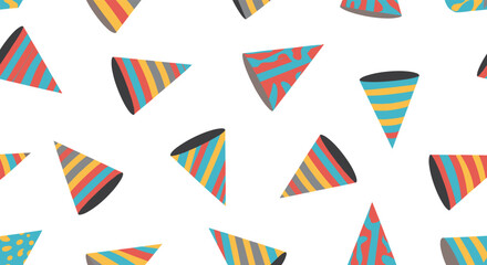 Fototapeta premium Seamless pattern of vibrant and colorful party hats with various stripes and patterns, ideal for birthday celebrations and festive backgrounds.