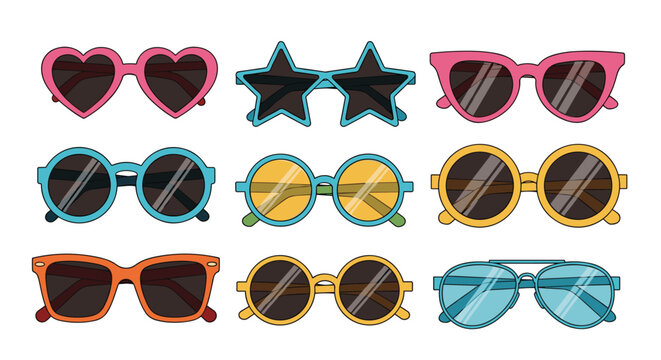 Set of trendy sunglasses in various shapes like hearts and stars with different lens colors, perfect for summer fashion and party themes.