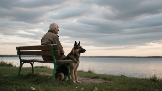 An elderly man sits on a bench with his German Shepherd dog by a lakeside at dusk.