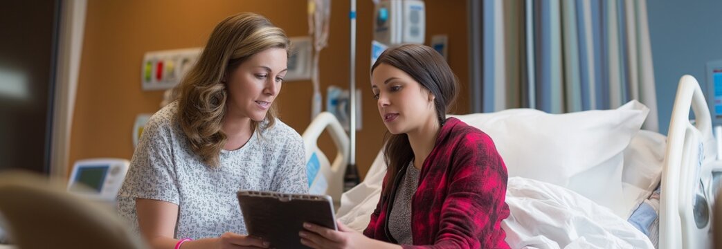 In a hospital bed, a female patient and a Caucasian female doctor are reading a tablet and talking about digital records and therapy.