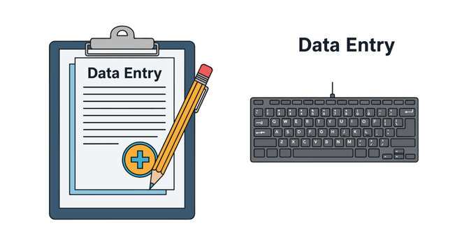 A clipboard featuring a document labeled data entry with a pencil beside a standard black computer keyboard on a flat neutral colored background in a studio setting.