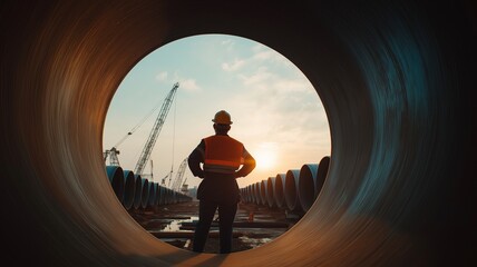Fototapeta premium An inspection pipe circular by a top industry engineer or technician. Under a massive tube at the construction site, 