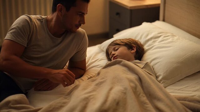Caring father tucking in his young sleeping son in bed at night.