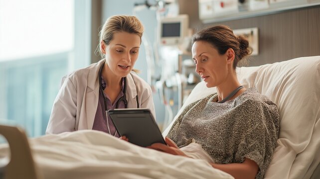 In a hospital bed, a female patient and a Caucasian female doctor are reading a tablet and talking about digital records and therapy.