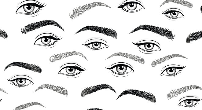 Seamless pattern of various human eyes and eyebrows in a detailed sketch style, perfect for beauty, anatomy, or art-related backgrounds.
