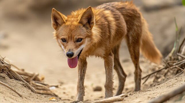 A panting dog with its tongue out in a sunlit desert environment