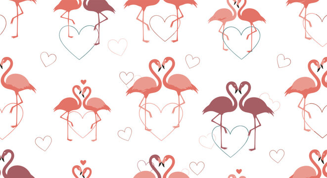 Seamless background pattern featuring pairs of pink flamingos facing each other with colorful outlined hearts on white background.