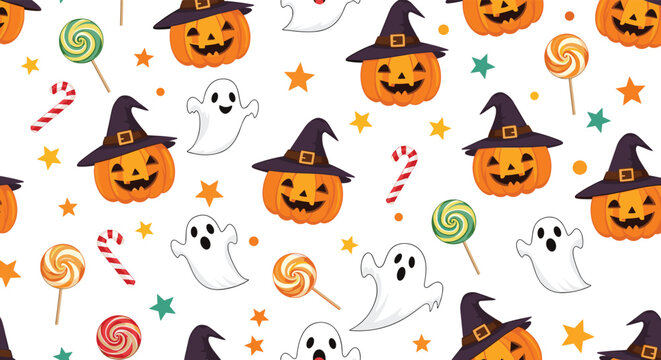 Vibrant seamless pattern for halloween featuring pumpkins in witches hats, friendly white ghosts, and colorful candies.